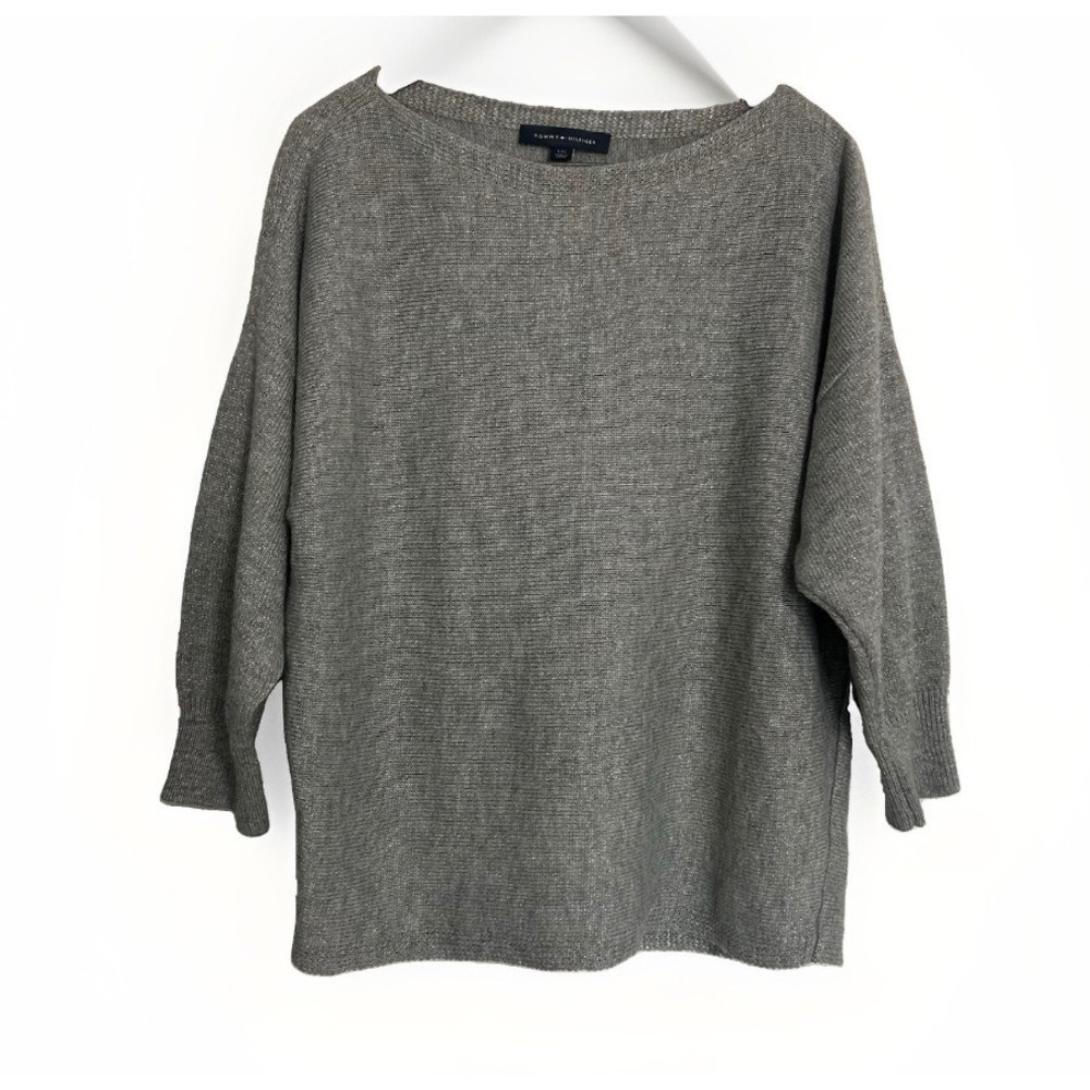 Tommy Hilfiger Womens Grey Metallic Knit Boat‎ Neck Dolman Sleeve Sweater Large